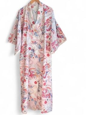 Vintage Made in Japan 100% Cotton Kimono Large Crane Fan Floral Yukata Robe Pink